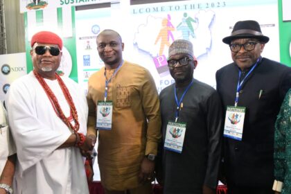 L-R: Deputy National Chairman of the Traditional Rulers of Oil Minerals Producing Communities of Nigeria, TROMPCON, Oba Obafemi Ogbaro; Managing Director, Chief Dr. Samuel Ogbuku; Permanent Secretary, Ministry of Niger Delta Development, Dr. Shuaib Belgore, Executive Director, Finance & Administration, Maj-Gen. Charles Airhiavbere (Rtd); during the NDDC Partners for Sustainable Development (PSD) Forum – NDDC 2024 Budget of Reconstruction Conference in Uyo, Akwa-Ibom State