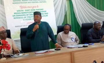 L-R: NAFDAC,Director, Chemical Evaluation and Research Dr Leonard Omokpariola, Public Relations Officer of NAFDAC Dr. Abubukar jimoh, and NAFDAC,Ag Director South East zone Mr Collins Ogedengbe at the South - East NAFDAC Zone Media Sensitization Workshop on Danger of Drug Hawking And Ripening of Fruits With Calcium Carbide held in Awka, the Anambra State capital