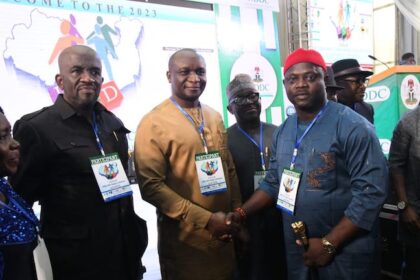 L-R: NDDC Executive Director, Projects, Mr. Charles Ogunmola; Managing Director, Dr. Samuel Ogbuku and the National Youth President, Host Communities of Nigeria, Producing Oil and Gas. (HOSTCOM), Hon. Emma Okiemute Eyakagba, during the NDDC Partners for Sustainable Development (PSD) Forum – NDDC 2024 Budget of Reconstruction Conference in Uyo, Akwa-Ibom State.