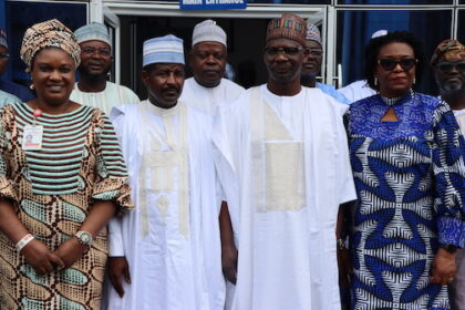 L-R: Dr. Mrs. Olayinka Komolafe, Secretary to the Agency, NASENI; Dr. Bashir Gwandu, Executive Vice Chairman/CEO, National Agency for Science and Engineering Infrastructure (NASENI); Engr. Abdullahi A. Sule, Executive Governor of Nasarawa State and Mrs. Nonyem Onyechi, Cordinating Director, Planning and Business Development, NASENI when the governor paid a working visit to the Agency's headquarters, Abuja on Friday 18th August, 2023. PHOTO: NASENI