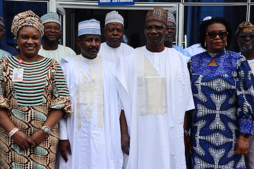 L-R: Dr. Mrs. Olayinka Komolafe, Secretary to the Agency, NASENI; Dr. Bashir Gwandu, Executive Vice Chairman/CEO, National Agency for Science and Engineering Infrastructure (NASENI); Engr. Abdullahi A. Sule, Executive Governor of Nasarawa State and Mrs. Nonyem Onyechi, Cordinating Director, Planning and Business Development, NASENI when the governor paid a working visit to the Agency's headquarters, Abuja on Friday 18th August, 2023. PHOTO: NASENI
