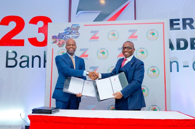 R-L: Group Managing Director/CEO of Zenith Bank Plc, Dr. Ebenezer Onyeagwu and the Secretary-General of the AfCFTA Secretariat, His Excellency Wamkele Mene during the signing of a Memorandum of Understanding (MoU) between Zenith Bank Plc and AfFCTA for the development of a smart portal, at the 8th Annual Edition of the Zenith Bank International Trade Seminar on Non-Oil Export held at the Civic Centre, Victoria Island, Lagos, yesterday