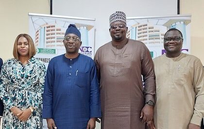 L-R: Lagos Zonal Controller, Nigerian Communications Commission (NCC), Henry Ojiokpota; Assistant Director, Financial Services, NCC, Chika Anohu; Executive Commissioner, Stakeholder Management, NCC, Adeleke Adewolu; Head, Compliance Monitoring, NCC, Isa Olatinwo; Executive Secretary, Association of Licensed Telecom Operators of Nigeria, Gbolahan Awonuga and Ibadan Zonal Controller, NCC, Dr. Olubunmi Bamijoko, during NCC’s quarterly meeting of Telecom Industry Working Group on Multiple Taxation and Regulations in Ibadan, Oyo State, on Tuesday (TODAY, September 5, 2023).