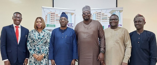 L-R: Lagos Zonal Controller, Nigerian Communications Commission (NCC), Henry Ojiokpota; Assistant Director, Financial Services, NCC, Chika Anohu; Executive Commissioner, Stakeholder Management, NCC, Adeleke Adewolu; Head, Compliance Monitoring, NCC, Isa Olatinwo; Executive Secretary, Association of Licensed Telecom Operators of Nigeria, Gbolahan Awonuga and Ibadan Zonal Controller, NCC, Dr. Olubunmi Bamijoko, during NCC’s quarterly meeting of Telecom Industry Working Group on Multiple Taxation and Regulations in Ibadan, Oyo State, on Tuesday (TODAY, September 5, 2023).