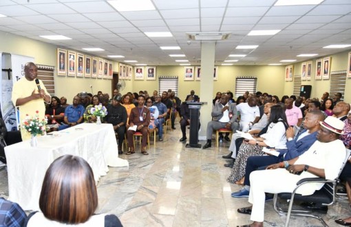 The Managing Director of the Niger Delta Development Commission, Dr Samuel Ogbuku, speaking during an interactive session with management and staff of NDDC at the Commission's headquarters in Port Harcourt.