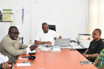 The NDDC Director of Corporate Affairs, Mr. Pius Ughakpoteni, (left) speaking during a courtesy visit to the FRCN Network Centre in Port Harcourt. In the middle is the FRCN Zonal Director, Mr. Obare Lucky, while the Director Administration, Mr. Samuel Anyanwu, is on the right