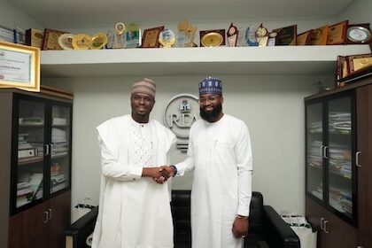 R-L: The EVC/CEO of the National Agency for Science and Engineering Infrastructure (NASENI), Mr Khalil Halilu in a handshake with the Managing Director/CEO of Rural Electrification Agency (REA), Mr Ahmad Salihijo Ahmad after the meeting of the two chief executives on Friday, 15 September, 2023 in Abuja