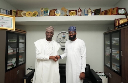 R-L: The EVC/CEO of the National Agency for Science and Engineering Infrastructure (NASENI), Mr Khalil Halilu in a handshake with the Managing Director/CEO of Rural Electrification Agency (REA), Mr Ahmad Salihijo Ahmad after the meeting of the two chief executives on Friday, 15 September, 2023 in Abuja