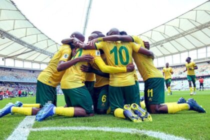 South Africa's Bafana Bafana celebrating the draw with Tinusia