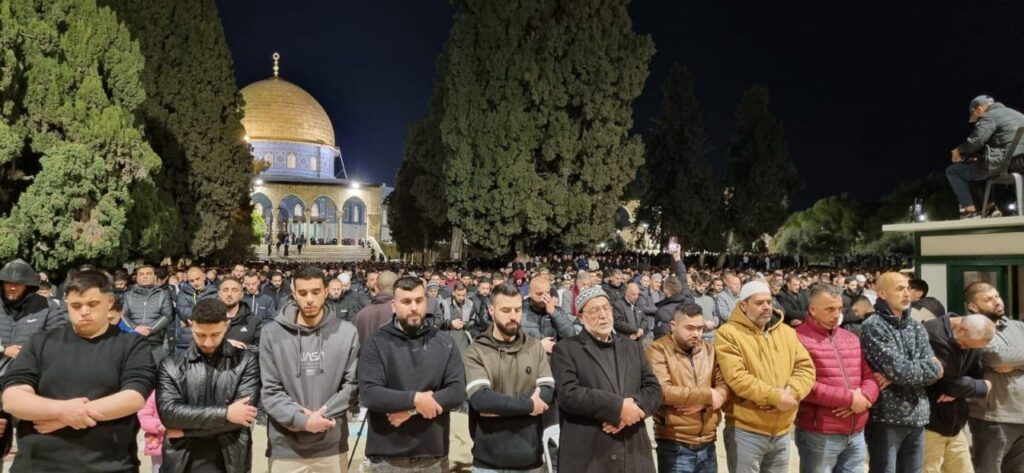 Muslim worshippers hold Taraweeh prayers in Al-Aqsa Mosque