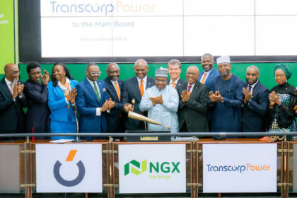 l-r: Acting CEO, Nigerian Exchange(NGx) Limited, Jude Chiemeka; Managing Director/CEO, Transcorp Power Plc, Engr. Peter Ikenga; Group Chairman, Transcorp Plc, Mr. Tony Elumelu; Chairman, Nigerian Exchange Group, Dr. Umaru Kwairanga; Non-Executive Director, Transcorp Power Plc, Peter Hertog; Chairman, Transcorp Power Plc, Mr. Emmanuel Nnorom; Chief Financial Officer, Transcorp Plc, Evans Okpogoro; Non-Executive Director, Transcorp Power Plc, Risqua Muhammed;, during the Facts Behind the Listing and Closing Gong Ceremony of Transcorp Power Plc to commemorate the Listing by Introduction of 7,500,000,000 Ordinary Shares of 50 kobo each at N240.00 per share on Nigerian Exchange Limited today in Lagos.
