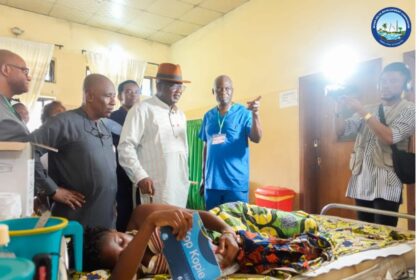 The NDDCExecutive Director, Projects, Sir Victor Antai, being shown round the wards by the CEO of Pro-Health International, Dr Iko Ibanga, during the Free Health Care Medical Programme at the Ukana Cottage Hospital in Essien Udim Local Government Area of Akwa Ibom State.