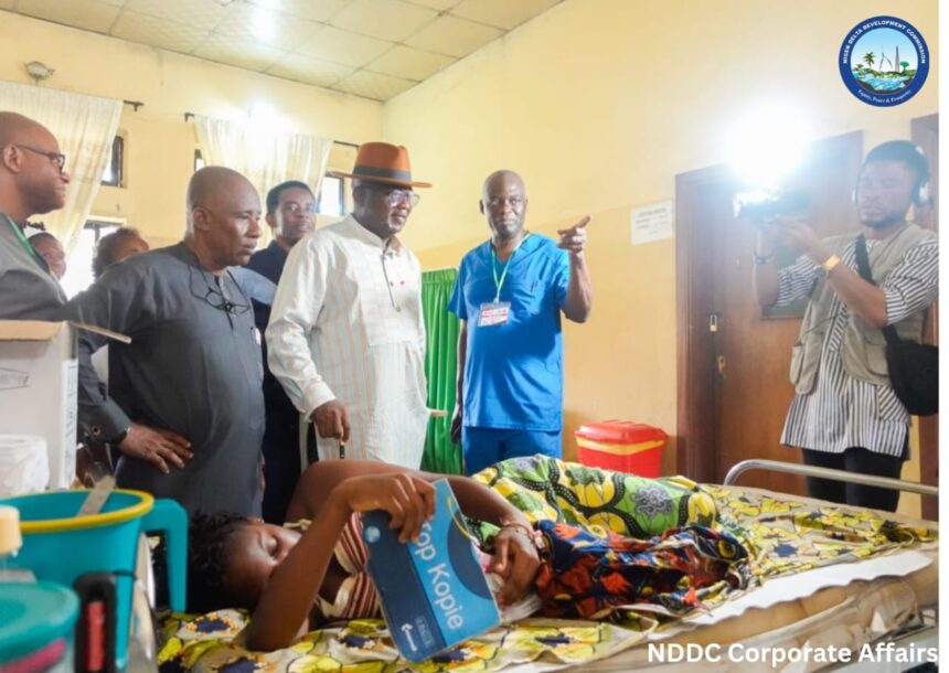 The NDDCExecutive Director, Projects, Sir Victor Antai, being shown round the wards by the CEO of Pro-Health International, Dr Iko Ibanga, during the Free Health Care Medical Programme at the Ukana Cottage Hospital in Essien Udim Local Government Area of Akwa Ibom State.