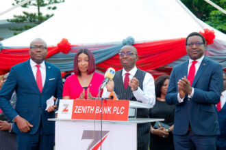 Outgoing Group Managing Director/Chief Executive, Zenith Bank Plc, Dr. Ebenezer Onyeagwu (2nd Right) flanked by Executive Director, Mr. Akin Ogunranti (1st Right); Executive Director, Dr. (Mrs.) Adobi Nwapa (3rd Right) and Executive Director, Mr. Adamu Lawani (4th Right) during the launch of the bank’s state-of-the-art digital LED screen at Ajose Adeogun Roundabout, Victoria Island, Lagos, yesterday.