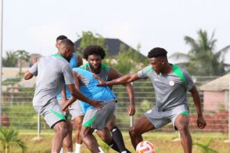 Action during the Super Eagles’ training on Tuesday evening.