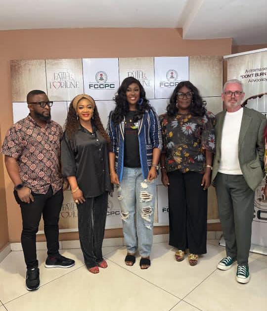 (L-R) Folahan Salam, Finance Director, X3M Ideas; Temitope Ayeni, Director, Brand Management, X3M Ideas; BeeCee Ugboh a.k.a Madam Rose, cast member of Faith & Fortune; Mrs. Suzzy Onwuka, Head of Lagos Office, FCCPC, and Micheal Miller, Executive Creative Director, X3M Ideas, at the private screening of the 'Faith & Fortune' TV series by FCCPC held in Lagos over the weekend