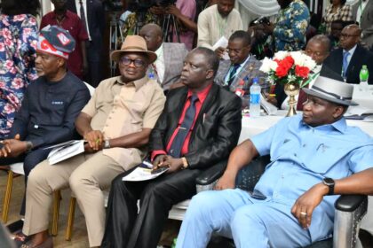 L-R: The NDDC Executive Director Corporate Services, Hon. Ifedayo Abegunde; Executive Director, Projects, Sir Victor Antai; former National President, Nigerian Cartographic Association, Professor Andrew Obafemi and NDDC Managing Director, Dr Samuel Ogbuku, during a one-day workshop on the implementation of flood disaster emergency response strategy in Port Harcourt.