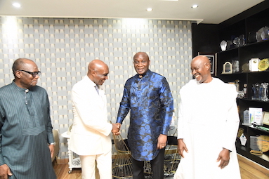 The General Overseer of Salvation Ministries, Pastor David Ibiyeomie, (2nd left) welcoming the NDDC Managing Director, Dr Samuel Ogbuku, (2nd right). They are flanked by the Executive Director, Projects, Sir Victor Antai (left) and the Executive Director Corporate Services, Hon. Ifedayo Abegunde (right), during a special thanksgiving service at the Salvation Ministry headquarters in Port Harcourt.